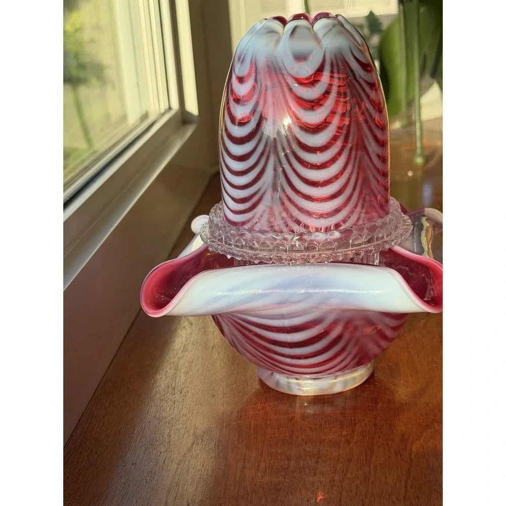 Fenton Fairy Lamp 3 Piece Cranberry Opalescent Swirl Drapery Pattern Candle